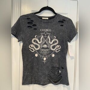 NWT Occasion Size S Black Acid Wash Distressed Cosmos Tee Shirt Moon Cycle Snake
